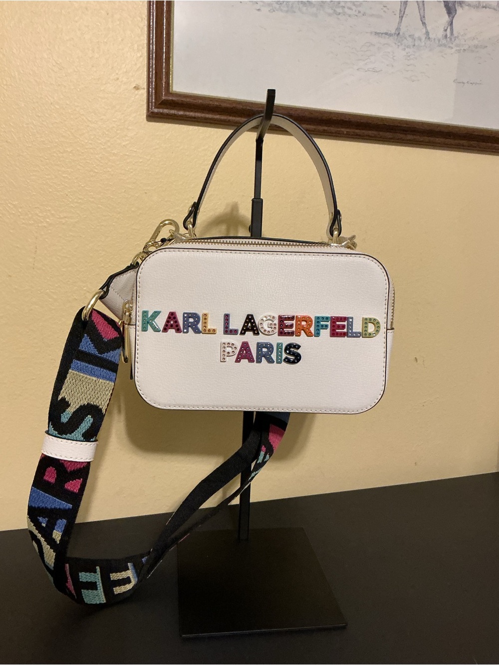 Karl Lagerfeld White Crossbody with Multicolor Logo & Strap